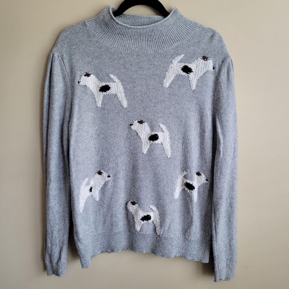Loft Womens Sweater Size XL Mock Neck Gray Knit Embroidered Puppy Dogs